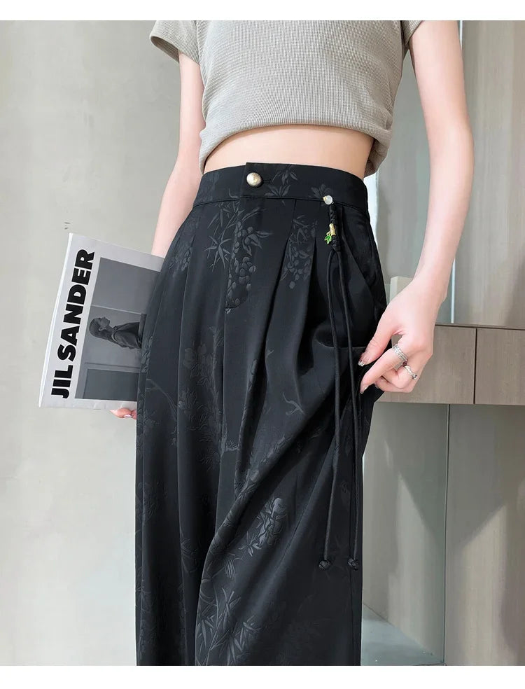 Chinese Style Jacquard Wide Leg Satin Pants – Women